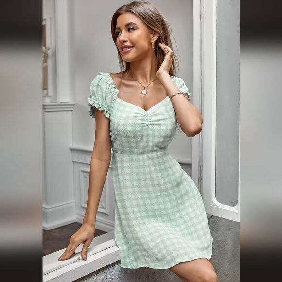 Tie Waist Gingham A-Shape Dress - Picture 1 of 4